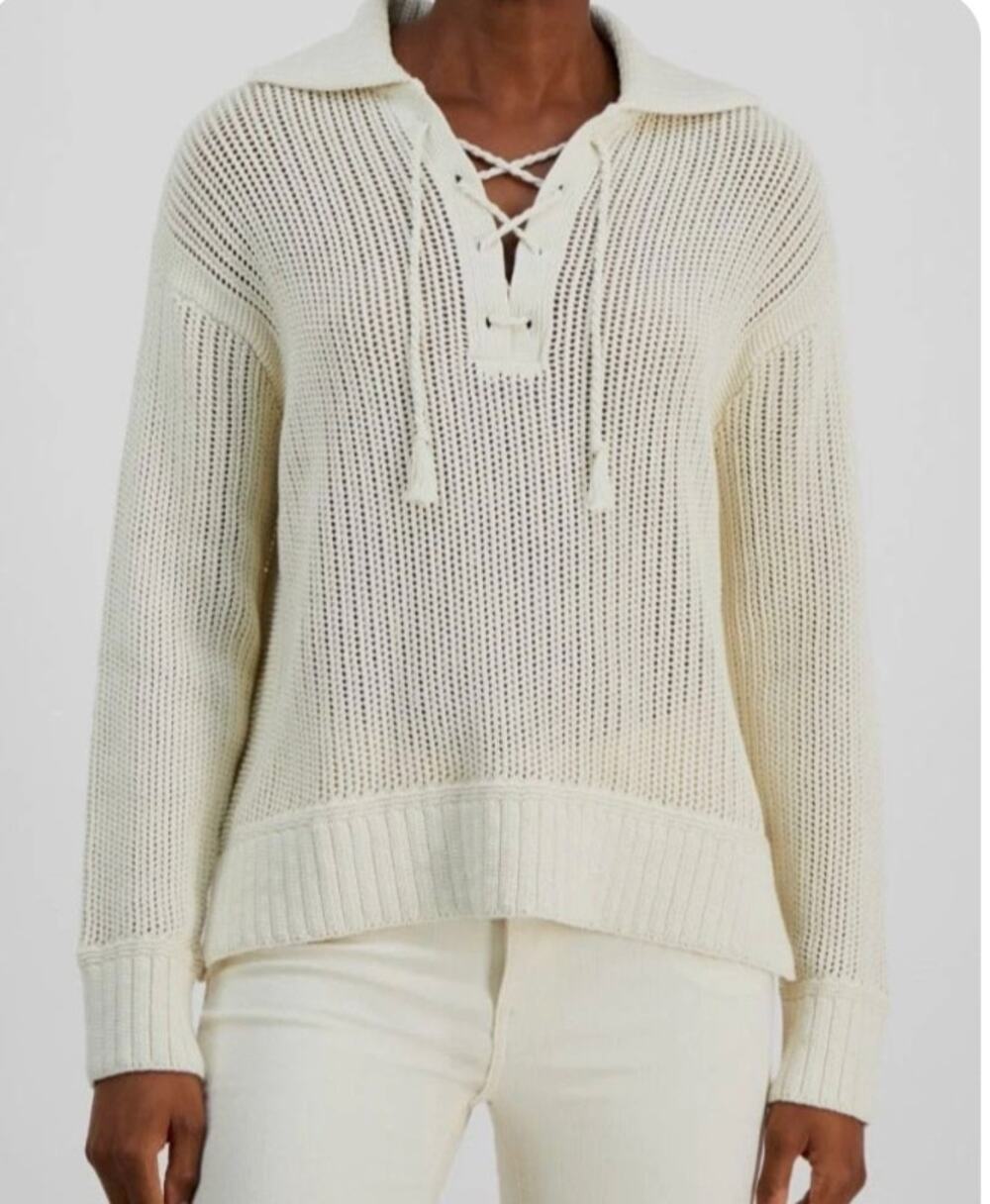 Joie Long Sleeve Lace Up Collared Crochet Polo Sweater Cream White Small